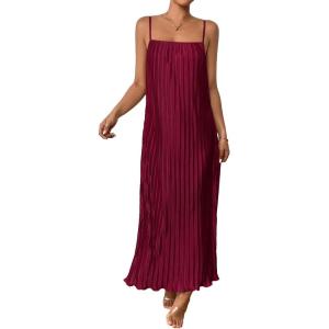 imageOYOANGLE Womens Sleeveless Spaghetti Strap Pleated Straight Flowy Long Maxi Cami DressBurgundy