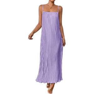 imageOYOANGLE Womens Sleeveless Spaghetti Strap Pleated Straight Flowy Long Maxi Cami DressPurple