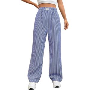 imageOYOANGLE Womens Straight Wide Leg Trousers Striped Print Letter Patched Detail High Waist Y2K Fashion PantsBlue