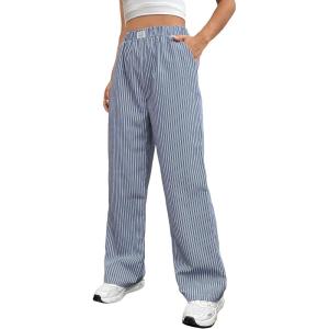 imageOYOANGLE Womens Straight Wide Leg Trousers Striped Print Letter Patched Detail High Waist Y2K Fashion PantsDark Blue
