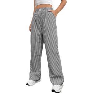 imageOYOANGLE Womens Straight Wide Leg Trousers Striped Print Letter Patched Detail High Waist Y2K Fashion PantsDark Grey