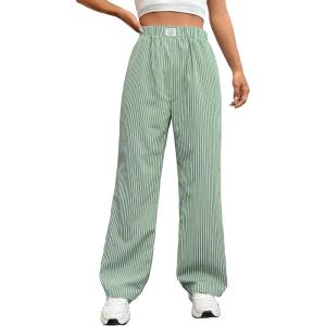 imageOYOANGLE Womens Straight Wide Leg Trousers Striped Print Letter Patched Detail High Waist Y2K Fashion PantsGreen
