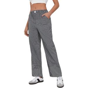 imageOYOANGLE Womens Straight Wide Leg Trousers Striped Print Letter Patched Detail High Waist Y2K Fashion PantsInk Black