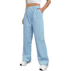 imageOYOANGLE Womens Straight Wide Leg Trousers Striped Print Letter Patched Detail High Waist Y2K Fashion PantsLight Blue