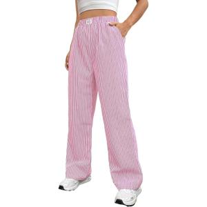 imageOYOANGLE Womens Straight Wide Leg Trousers Striped Print Letter Patched Detail High Waist Y2K Fashion PantsPink