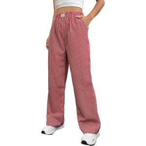 imageOYOANGLE Womens Straight Wide Leg Trousers Striped Print Letter Patched Detail High Waist Y2K Fashion PantsRed