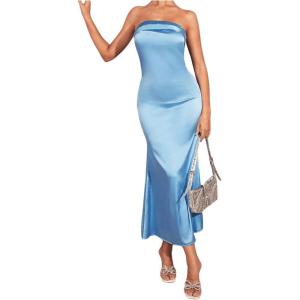 imageOYOANGLE Womens Strapless Satin Tube Dress Backless Elegant Solid Silky Maxi DressesBlue