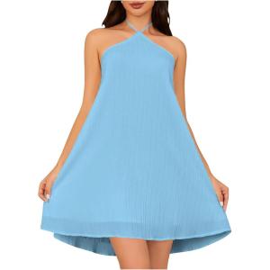 imageOYOANGLE Womens Summer Beach Dresses Sleeveless Halter Tie Back Solid Backless Flared Short DressBlue