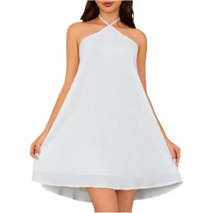 imageOYOANGLE Womens Summer Beach Dresses Sleeveless Halter Tie Back Solid Backless Flared Short DressWhite
