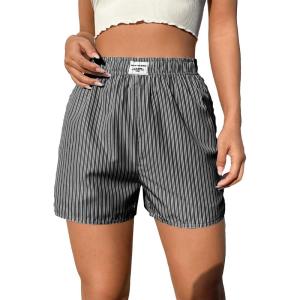 imageOYOANGLE Womens Summer Casual Striped Print Elastic Waist Mid Rise Straight Leg ShortsBlack