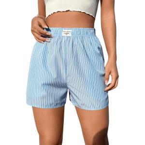 imageOYOANGLE Womens Summer Casual Striped Print Elastic Waist Mid Rise Straight Leg ShortsBlue