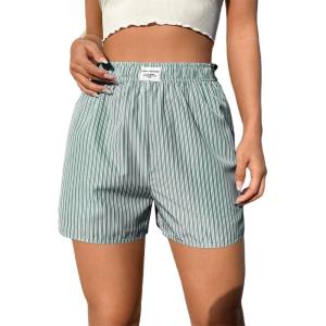 imageOYOANGLE Womens Summer Casual Striped Print Elastic Waist Mid Rise Straight Leg ShortsGreen