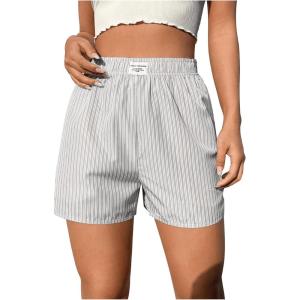 imageOYOANGLE Womens Summer Casual Striped Print Elastic Waist Mid Rise Straight Leg ShortsGrey