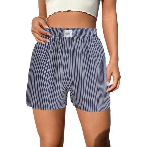 imageOYOANGLE Womens Summer Casual Striped Print Elastic Waist Mid Rise Straight Leg ShortsNavy Blue