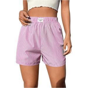 imageOYOANGLE Womens Summer Casual Striped Print Elastic Waist Mid Rise Straight Leg ShortsPink