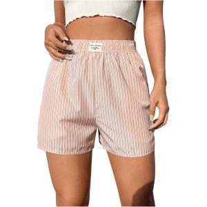 imageOYOANGLE Womens Summer Casual Striped Print Elastic Waist Mid Rise Straight Leg ShortsPink Multi