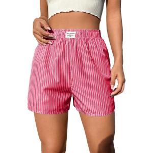 imageOYOANGLE Womens Summer Casual Striped Print Elastic Waist Mid Rise Straight Leg ShortsPink Striped