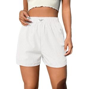imageOYOANGLE Womens Summer Casual Striped Print Elastic Waist Mid Rise Straight Leg ShortsWhite
