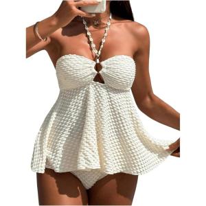imageOYOANGLE Womens Tankini Bathing Suit Two Piece Textured Ring Linked Halter Swimsuit BeachwearBeige