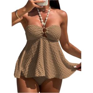 imageOYOANGLE Womens Tankini Bathing Suit Two Piece Textured Ring Linked Halter Swimsuit BeachwearBrown