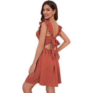 imageOYOANGLE Womens Tie Back Square Neck Ruffle Strap Sleeveless A Line Flare Flowy Summer Short DressCoral Pink