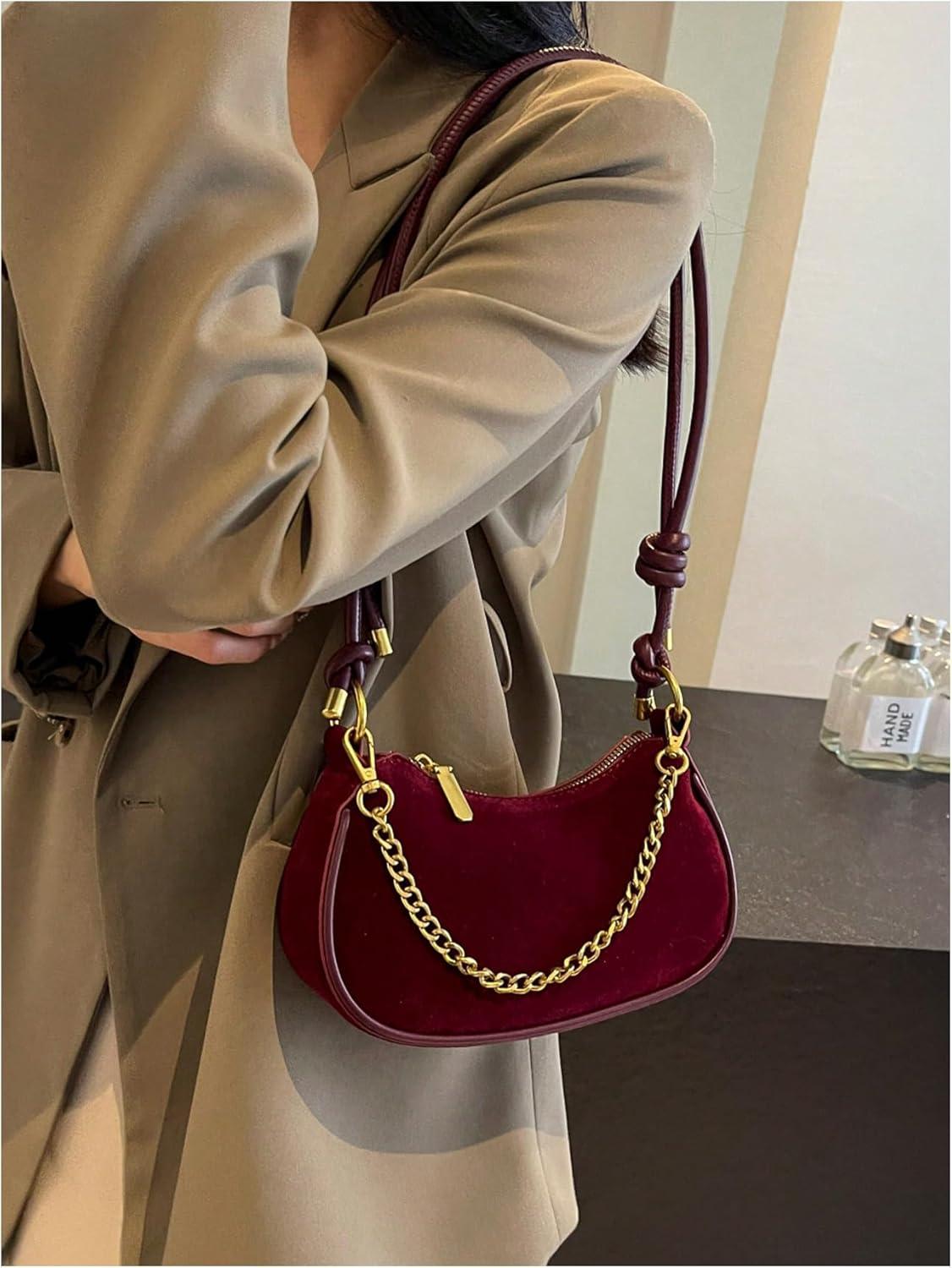 imageOYOANGLE Womens Suede Chain Decor Mini Shoulder Bags Zipper Clutch Purse Handbags Vintage Elegant Crossbody BagBurgundy