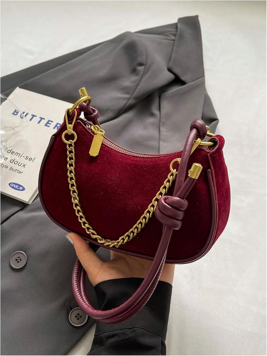 imageOYOANGLE Womens Suede Chain Decor Mini Shoulder Bags Zipper Clutch Purse Handbags Vintage Elegant Crossbody BagBurgundy