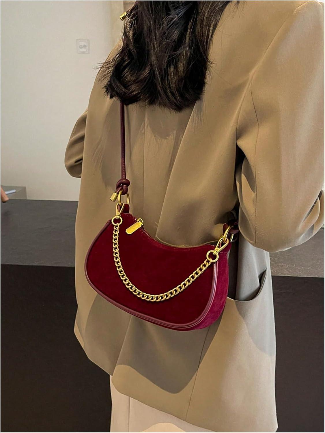 imageOYOANGLE Womens Suede Chain Decor Mini Shoulder Bags Zipper Clutch Purse Handbags Vintage Elegant Crossbody BagBurgundy