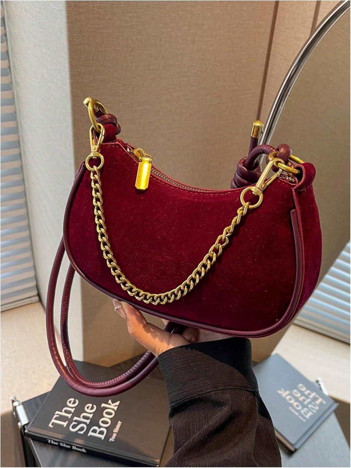 imageOYOANGLE Womens Suede Chain Decor Mini Shoulder Bags Zipper Clutch Purse Handbags Vintage Elegant Crossbody BagBurgundy