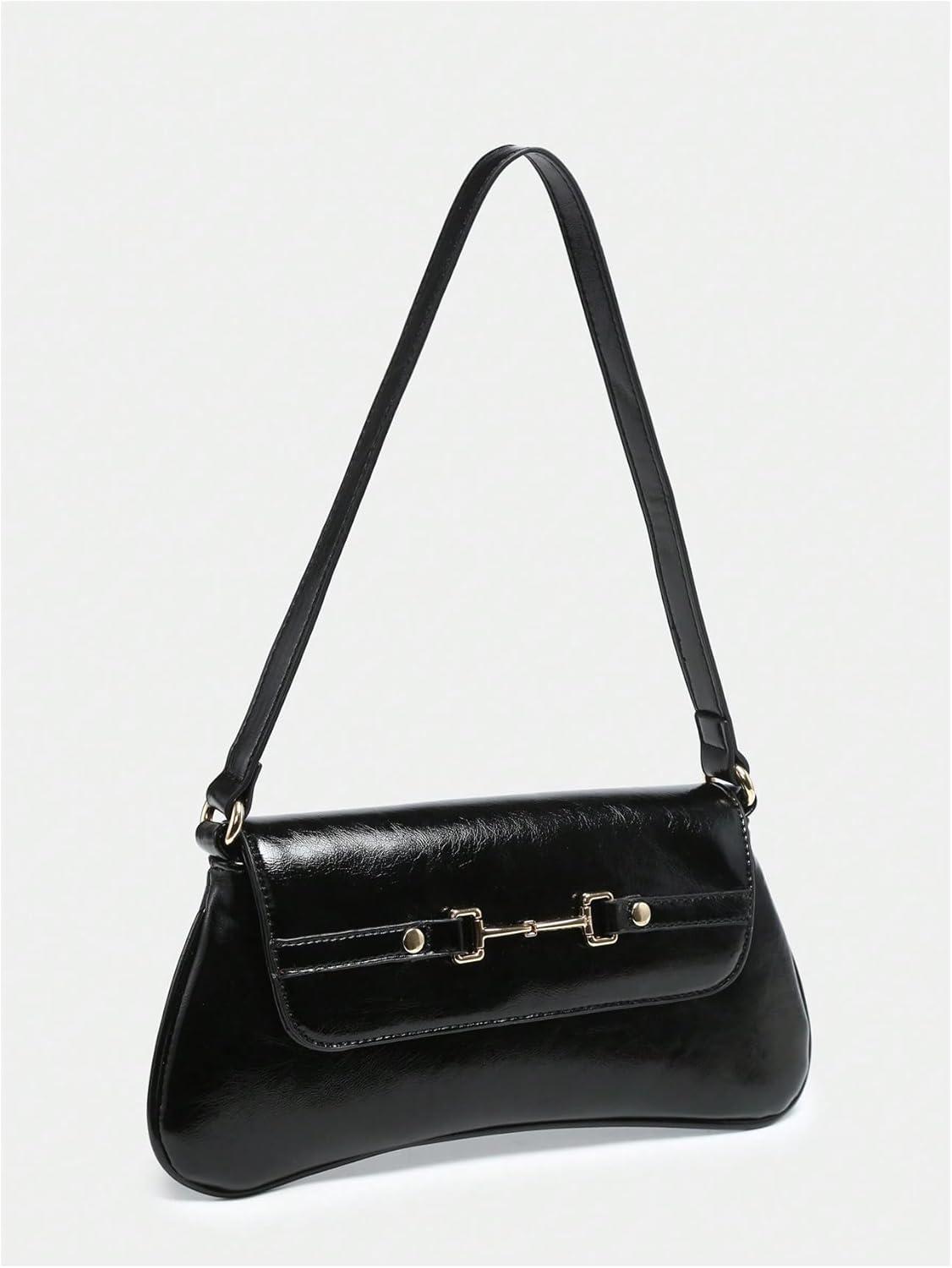 imageOYOANGLE Womens Vintage Leather Flap Shoulder Bags Buckled Decor Clutch Purse Handbags Elegant Underarm BagBlack