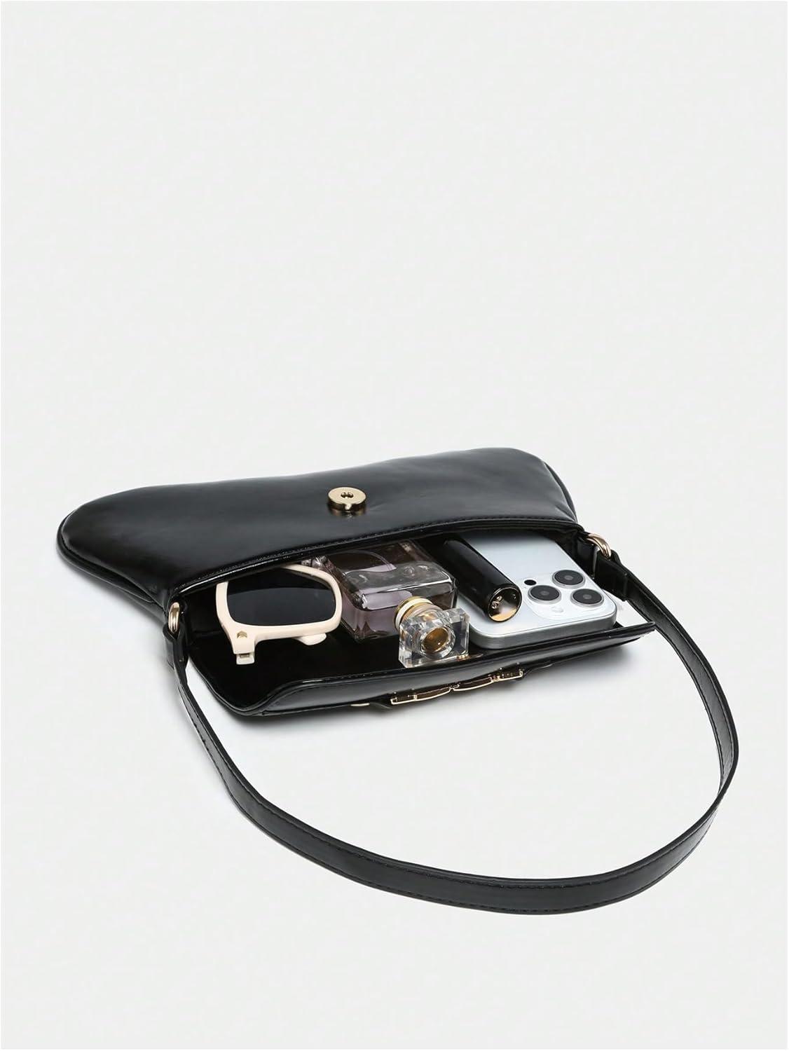 imageOYOANGLE Womens Vintage Leather Flap Shoulder Bags Buckled Decor Clutch Purse Handbags Elegant Underarm BagBlack