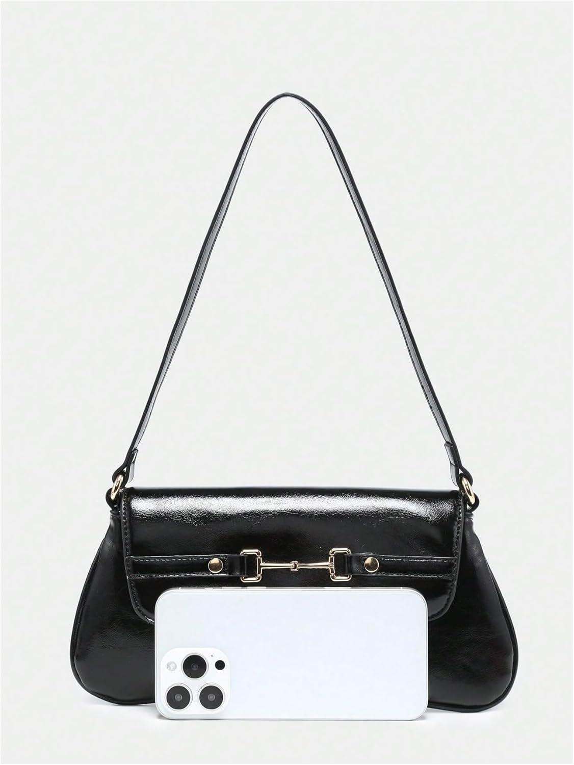 imageOYOANGLE Womens Vintage Leather Flap Shoulder Bags Buckled Decor Clutch Purse Handbags Elegant Underarm BagBlack