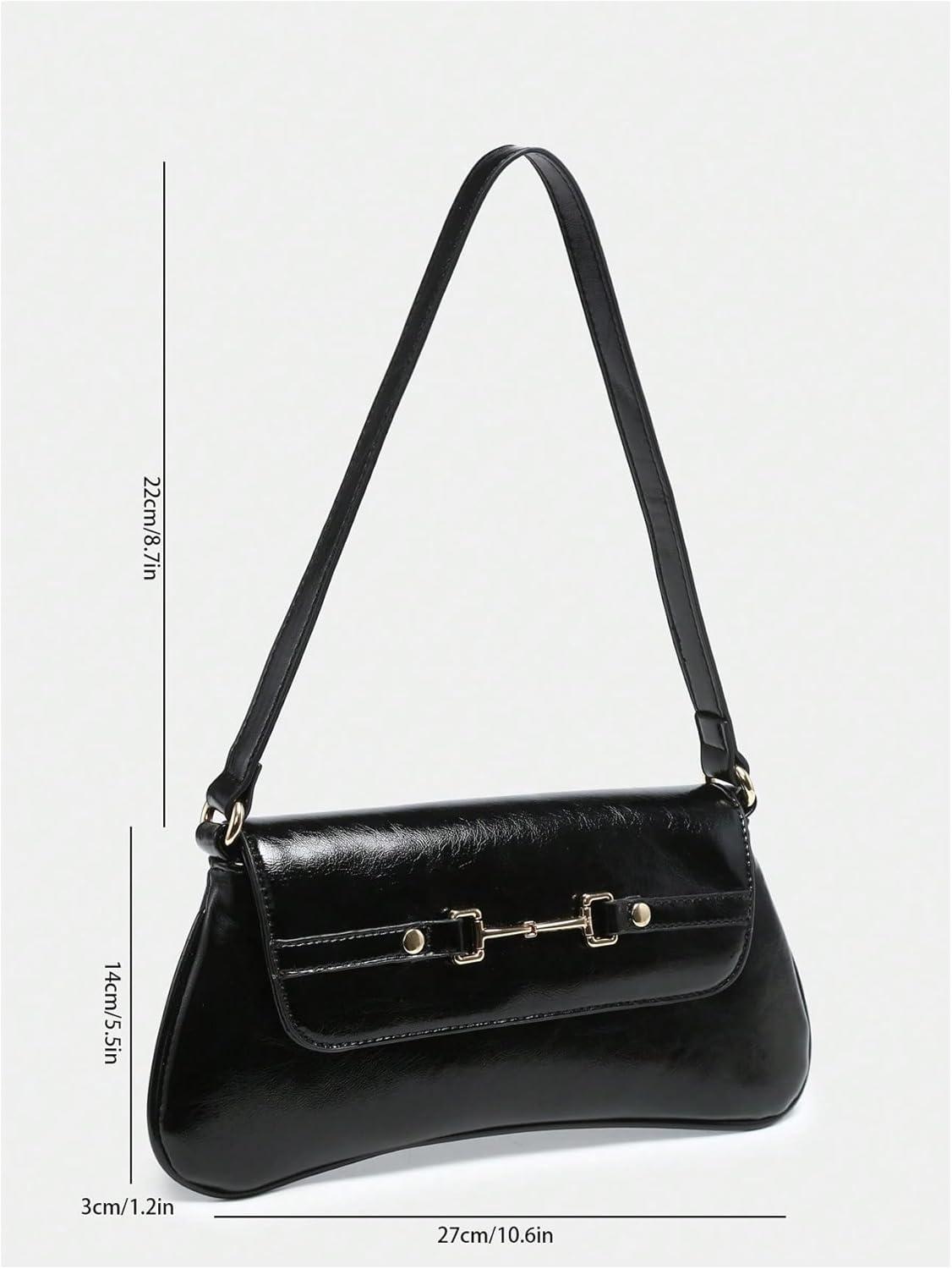 imageOYOANGLE Womens Vintage Leather Flap Shoulder Bags Buckled Decor Clutch Purse Handbags Elegant Underarm BagBlack
