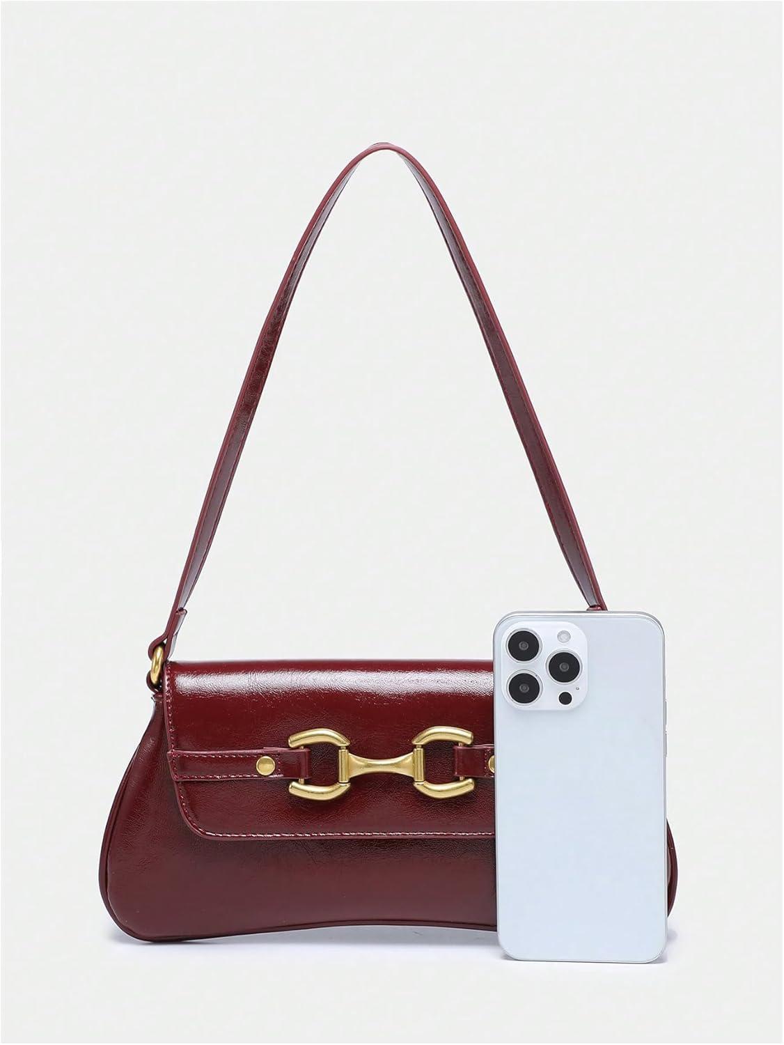imageOYOANGLE Womens Vintage Leather Flap Shoulder Bags Buckled Decor Clutch Purse Handbags Elegant Underarm BagBurgundy