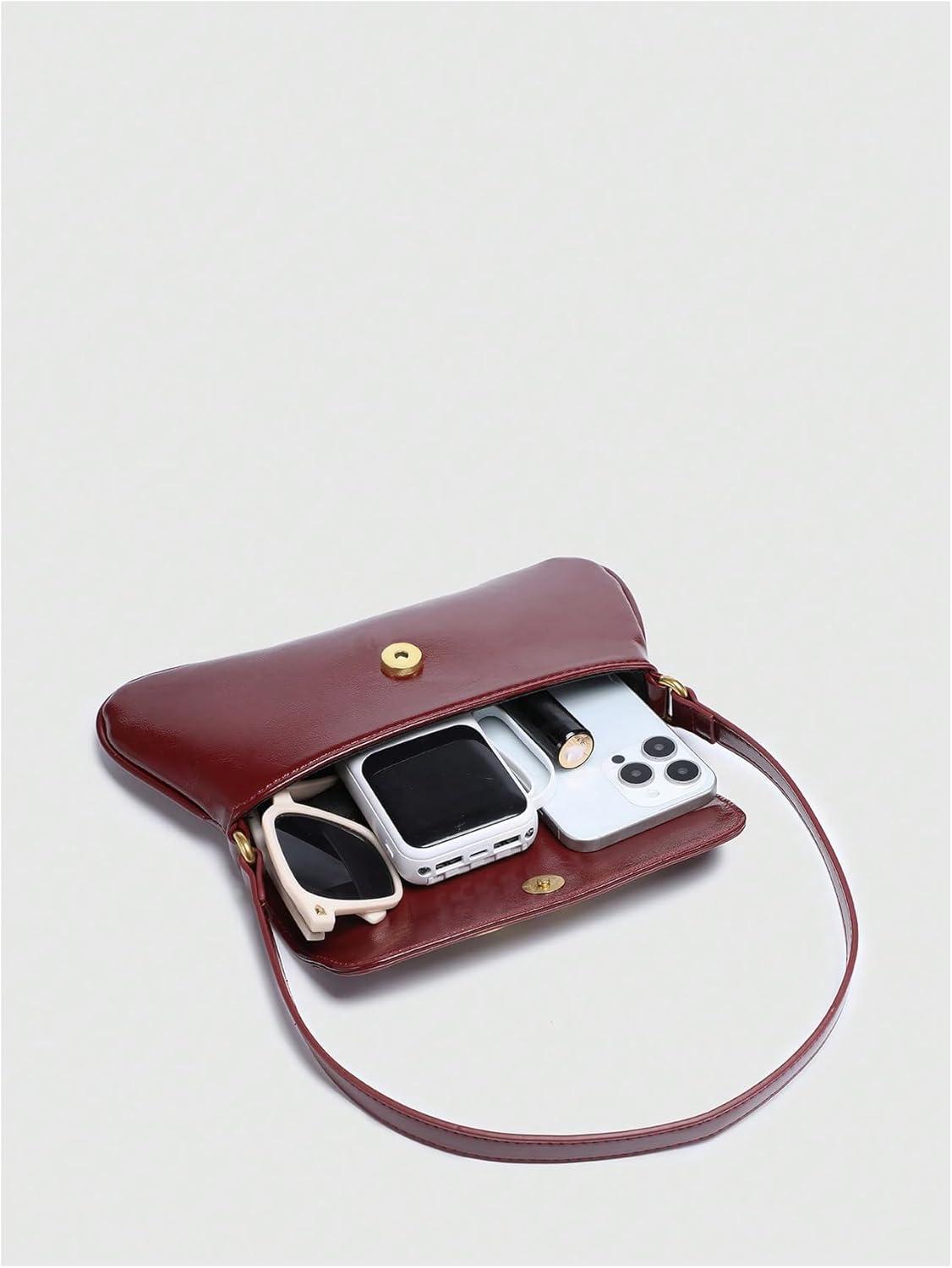 imageOYOANGLE Womens Vintage Leather Flap Shoulder Bags Buckled Decor Clutch Purse Handbags Elegant Underarm BagBurgundy