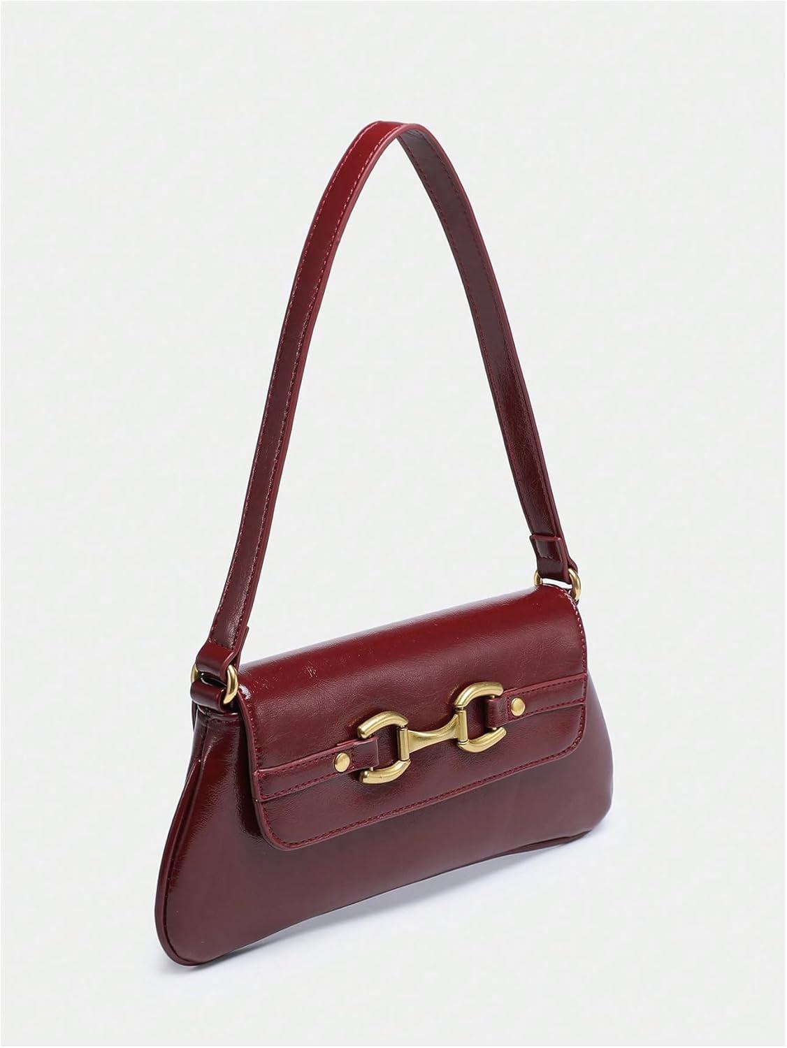 imageOYOANGLE Womens Vintage Leather Flap Shoulder Bags Buckled Decor Clutch Purse Handbags Elegant Underarm BagBurgundy