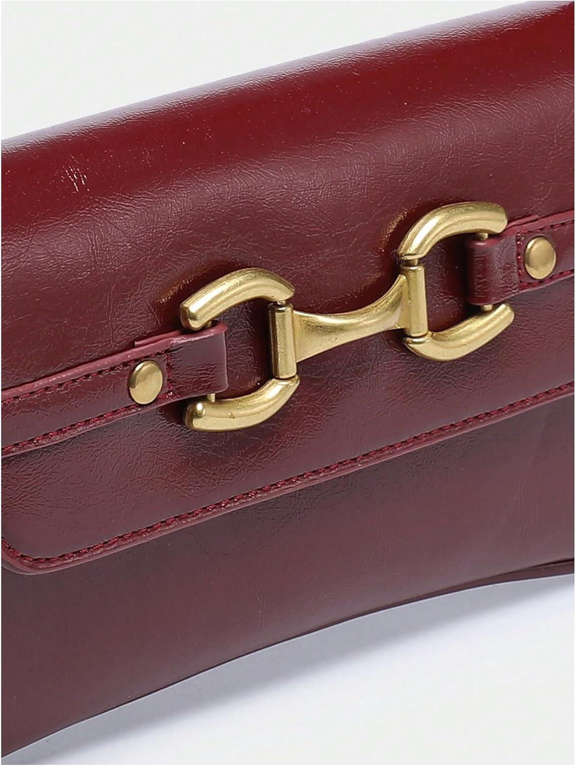 imageOYOANGLE Womens Vintage Leather Flap Shoulder Bags Buckled Decor Clutch Purse Handbags Elegant Underarm BagBurgundy