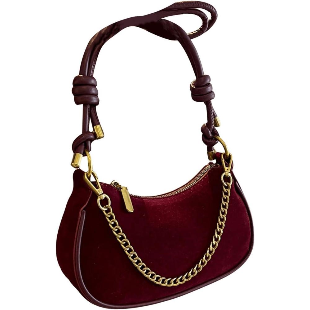 imageOYOANGLE Womens Suede Chain Decor Mini Shoulder Bags Zipper Clutch Purse Handbags Vintage Elegant Crossbody BagBurgundy