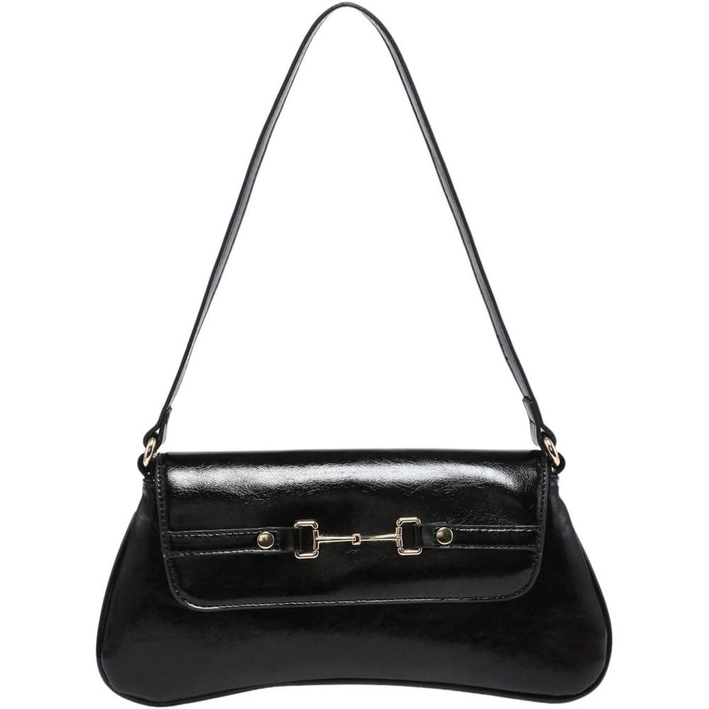 imageOYOANGLE Womens Vintage Leather Flap Shoulder Bags Buckled Decor Clutch Purse Handbags Elegant Underarm BagBlack