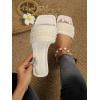 imageOYOANGLE Womens Pearl Beaded Single Band Square Open Toe Flat Sandals Elegant Casual Leather Slides SlippersBeige