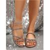 imageOYOANGLE Womens Rhinestone Strappy Open Toe Slide Sandals Slip on Casual Flat SandalsKhaki