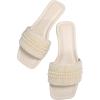 imageOYOANGLE Womens Pearl Beaded Single Band Square Open Toe Flat Sandals Elegant Casual Leather Slides SlippersBeige