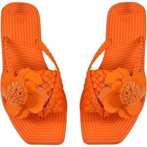 imageOYOANGLE Womens Boho Floral Decor Square Open Toe Braided Thong Sandals Square Open Toe Slide SandalsOrange