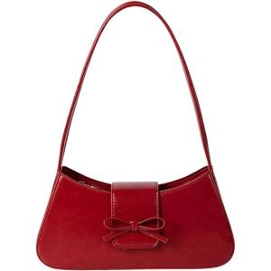 imageOYOANGLE Womens Bow Decor Zipper Top Handle Handbags Lightweight Solid Casual Shoulder Bags Clutch PurseRed