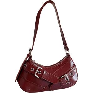 imageOYOANGLE Womens Buckled Punk Shoulder Bags Zipper Top Handle Handbags Y2k Adjustable Strap Underarm BagsBurgundy