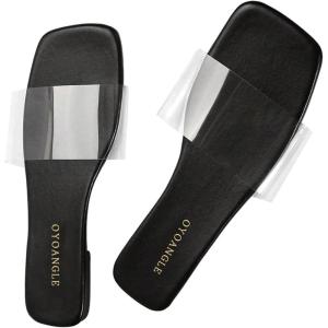imageOYOANGLE Womens Clear Square Open Toe Sandals Pu Leather Flat Slide On Sandals Transparent Outdoor SlippersBlack