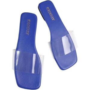 imageOYOANGLE Womens Clear Square Open Toe Sandals Pu Leather Flat Slide On Sandals Transparent Outdoor SlippersBlue