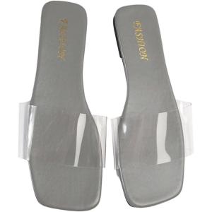 imageOYOANGLE Womens Clear Square Open Toe Sandals Pu Leather Flat Slide On Sandals Transparent Outdoor SlippersGrey