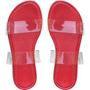 imageOYOANGLE Womens Clear Strap Flat Sandals Open Toe Double Band Casual Slide SandalsRed