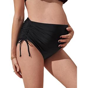 imageOYOANGLE Womens Maternity Swimsuit Bottom Ruched Drawstring Side High Waist Bikini Briefs PantyBlack